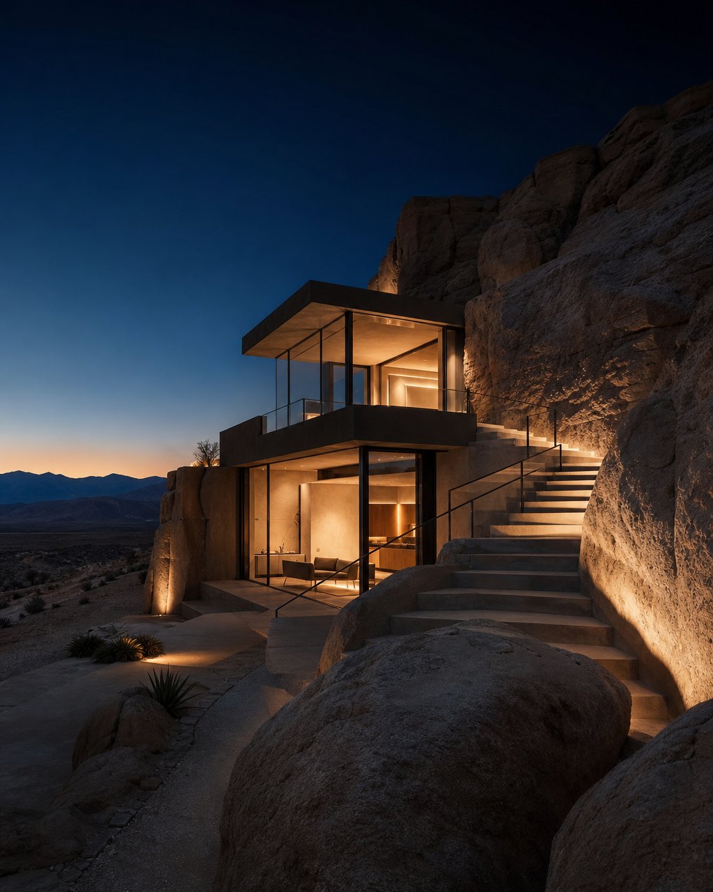 Modern glass house built into a carved rock hillside in the Nevada desert at dusk