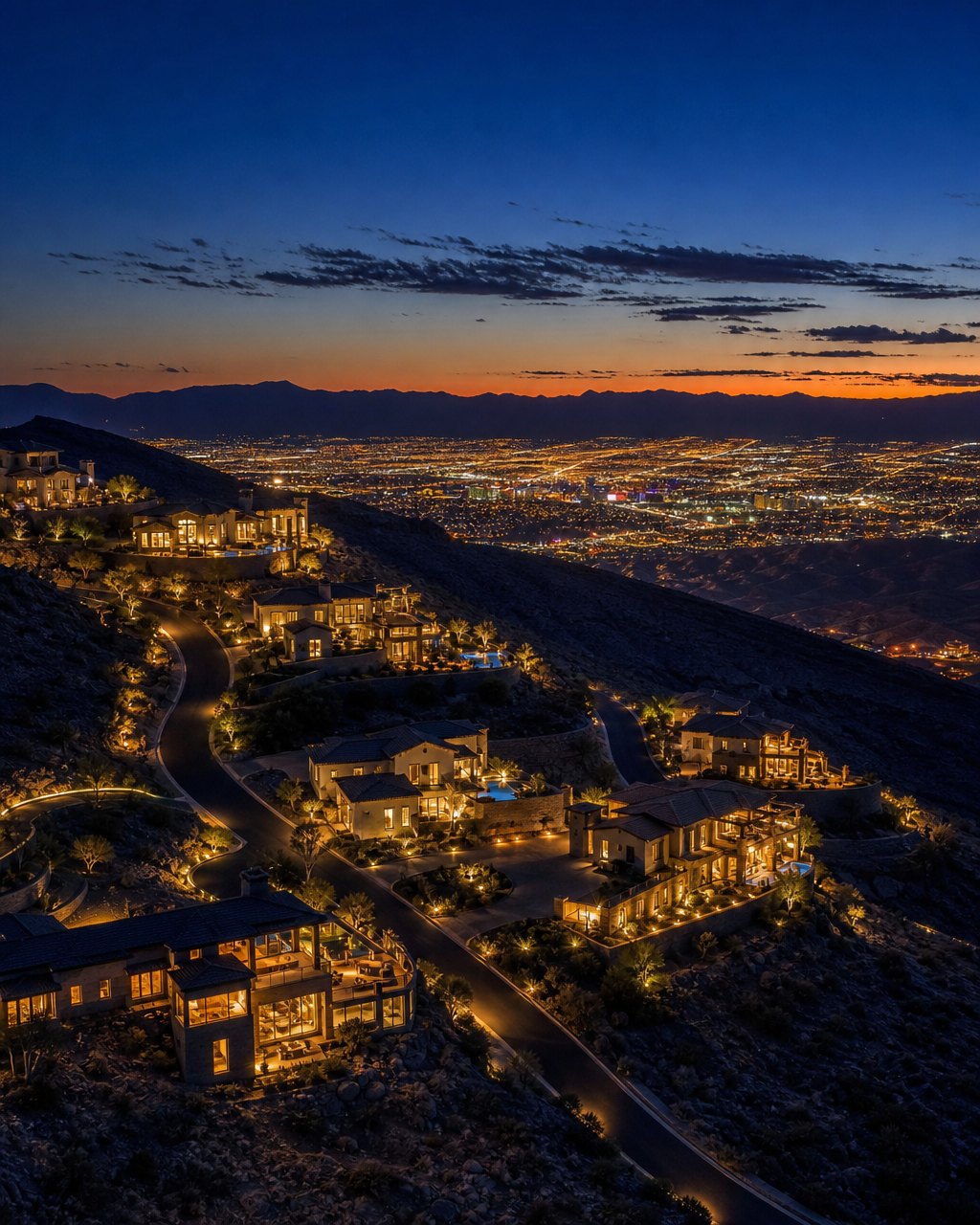 Terraced hillside estates above the lit Las Vegas valley at twilight