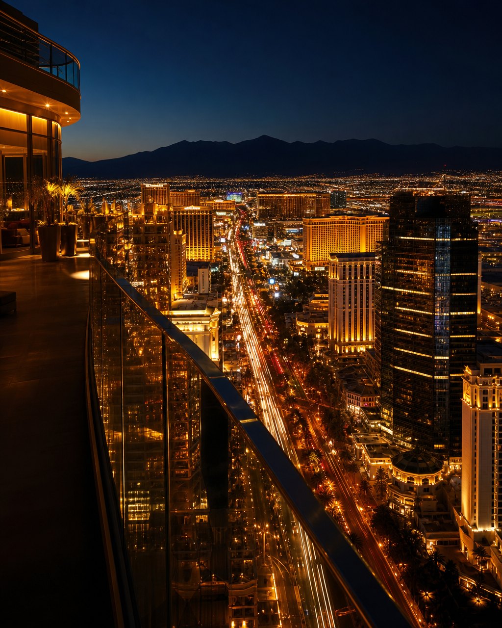View along the lit Las Vegas boulevard from a high-rise balcony at night
