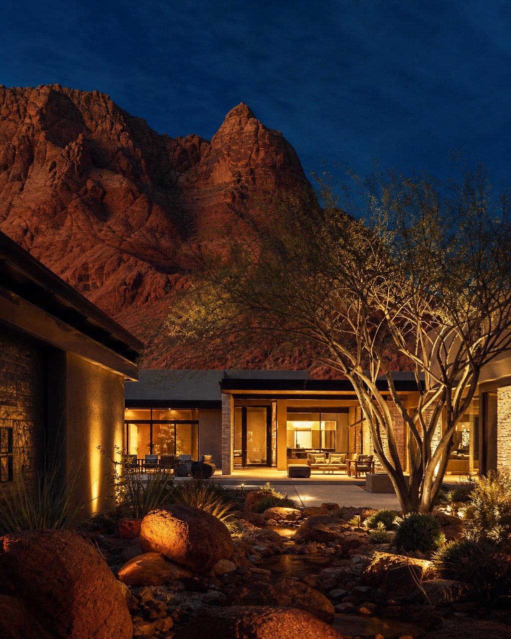 Contemporary desert home at dusk beside red sandstone cliffs west of Las Vegas