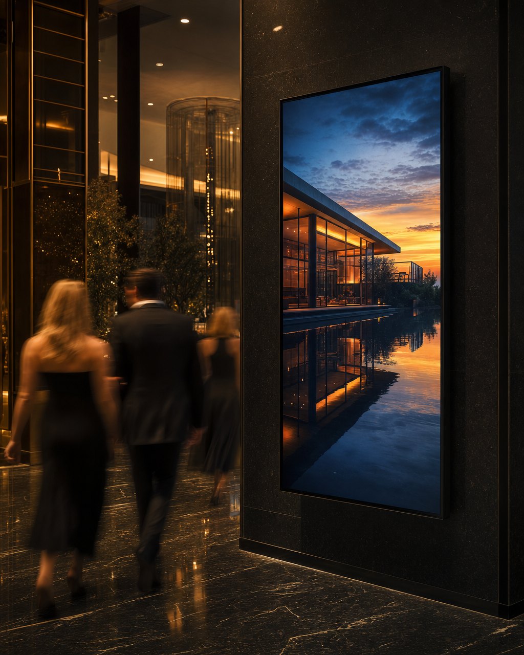 Tall digital screen in a Las Vegas venue lobby at night showing a modern home