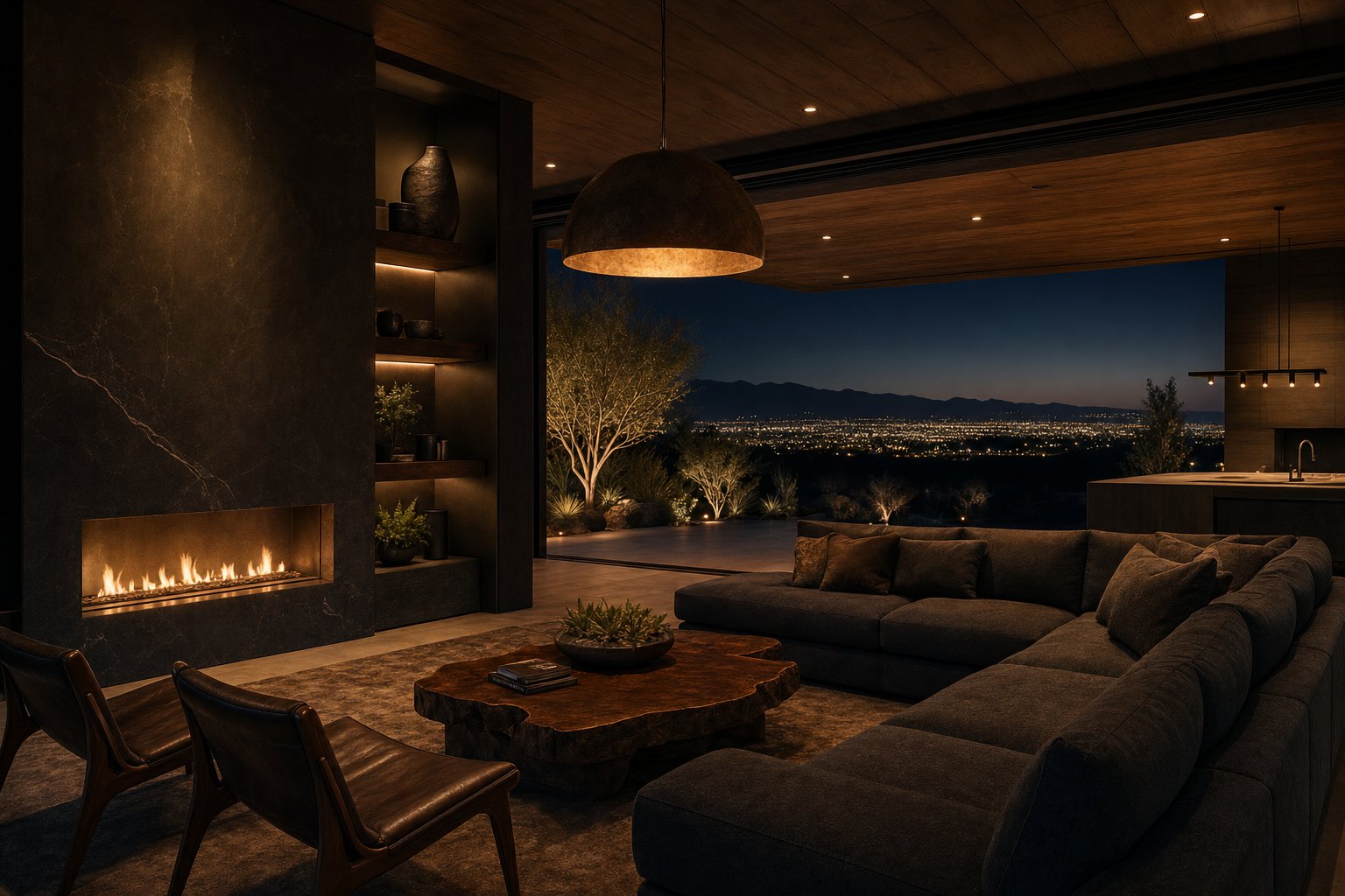 Great room of a modern Las Vegas home at dusk with the glass wall opened to the desert garden