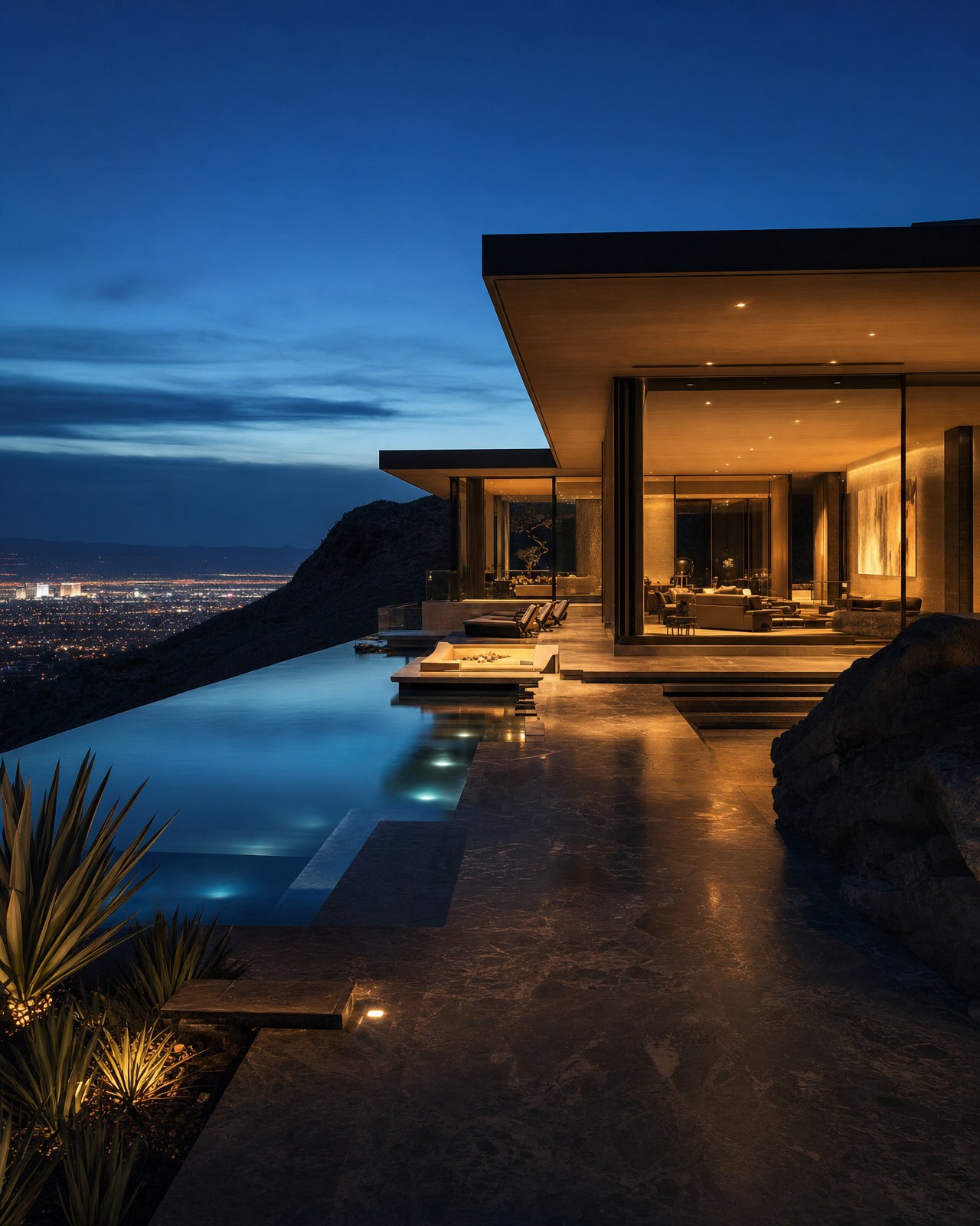 Hillside estate above the Las Vegas valley at blue hour, negative edge pool lit from within