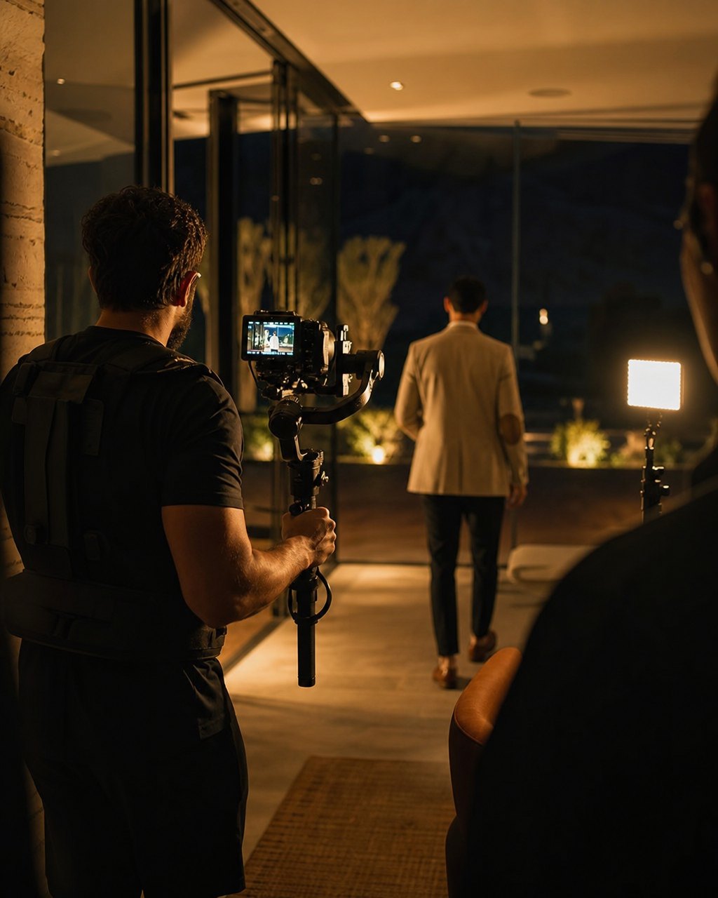 Crew filming a modern glass house at night with a gimbal rig